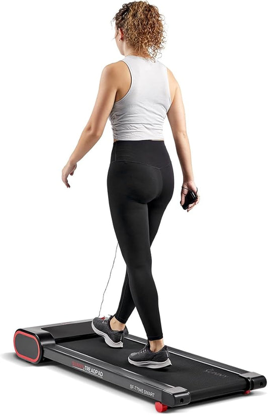 Sunny Health & Fitness Slim Under Desk Walking Compact Treadpad Treadmill with Remote Control, Digital Display, Shock Absorption, Optional Trekking Poles, Free SunnyFit App Bluetooth Connectivity