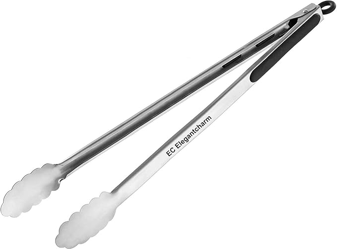 BBQ Tongs for Grilling, 17" Long Kitchen Cooking Stainless Steel Heavy Duty Locking Grill Tongs with Soft Grip Silicone Handle