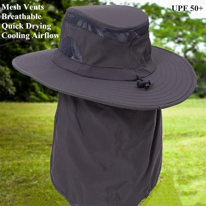 UV 50+ Sun Protection Hat for Men Women, Wide Brim Bucket Hat for Outdoor Sport & Works Fishing Hat with Neck Flap