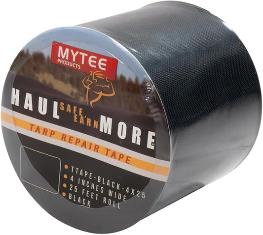 Mytee Products 8.8 oz Waterproof Black Vinyl Tarp Repair Tape 4 Inch x 25 FT with Heavy Duty Adhesive Backing - Tarp Repair Kit