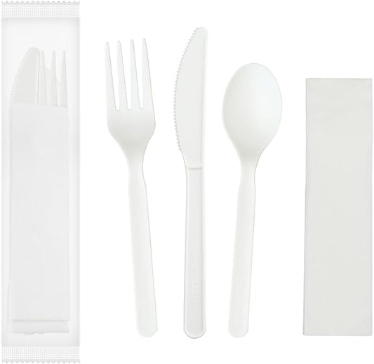 GreenWorks 6" Compostable CPLA Cutlery Kits, BPI Certified 200 Sets (Fork, Spoon,Knife,Napkin 4 in 1) Individually Wrapped With Compostable Bags，Alternative to Plastic Disposable Utensils