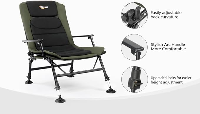 VINGLI Oversized Fishing Chair Heavy Duty Support 440 LBS, 160° Freely Adjustable Reclining Folding Chairs, Lounge Travel Outdoor Seat with High Back for Fishing Camping or Leisure