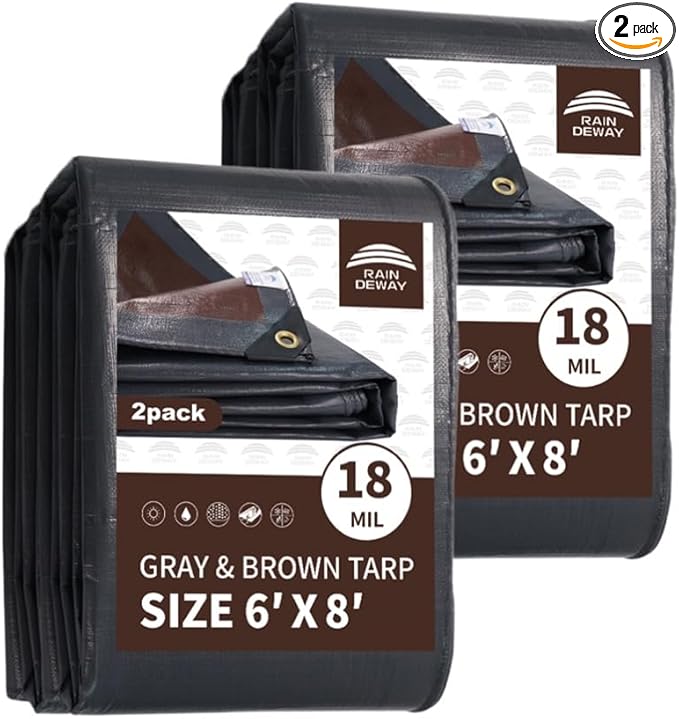 RAINDEWAY 6x8 Feet (2 Pack) Super Heavy Duty Tarp 18 Mil, UV Resistant, Weatherproof, Multipurpose Waterproof Poly Tarp with Grommets and Reinforced Edges, Brown/Gray Tarps