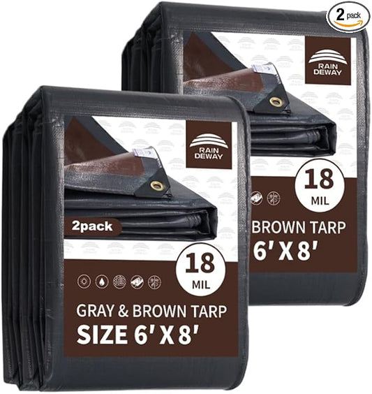 RAINDEWAY 6x8 Feet (2 Pack) Super Heavy Duty Tarp 18 Mil, UV Resistant, Weatherproof, Multipurpose Waterproof Poly Tarp with Grommets and Reinforced Edges, Brown/Gray Tarps