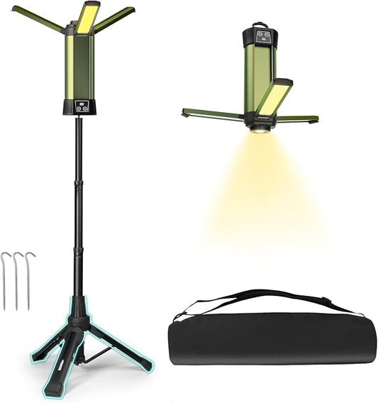 Rechargeable Camping Light with Stand 6000mAh 3.9 ft Max Height, Cordless Camping Lights with 3 LED Lamp Heads, 2000 Lumens Dimmable Magnetic Emergency Flashlight with Detachable Tripod(Green-M)