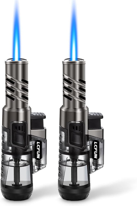LcFun Torch Lighter 2 Pack Windproof Adjustable Single Jet Flame Butane Lighter Refillable Gas Lighter for Candle Camping Grill BBQ Fireplace (Butane Not Included)