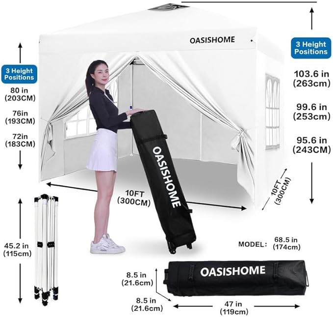 OASISHOME Pop-up Gazebo Instant Portable Canopy Tent 10'x10', Bag, for Patio/Outdoor/Wedding Parties and Events (White, 10x10)