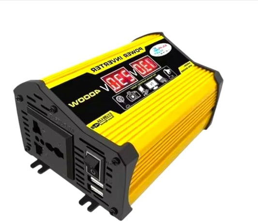 High-Power 4000W DC to AC Power Inverter – 12V to 110V/220V Converter with Dual USB Ports, Universal AC Outlet, LED Display for Cars, Trucks, RVs, and Home Backup (Yellow, 220V)