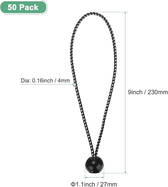 50-Pack Ball Bungee Cords, 9 Inch High Elastic Canopy Tarp Tie Down Bungee Balls for Camping/Tent/Cargo Holding Wire Hoses/Patio Umbrellas/Shelter [Black White]