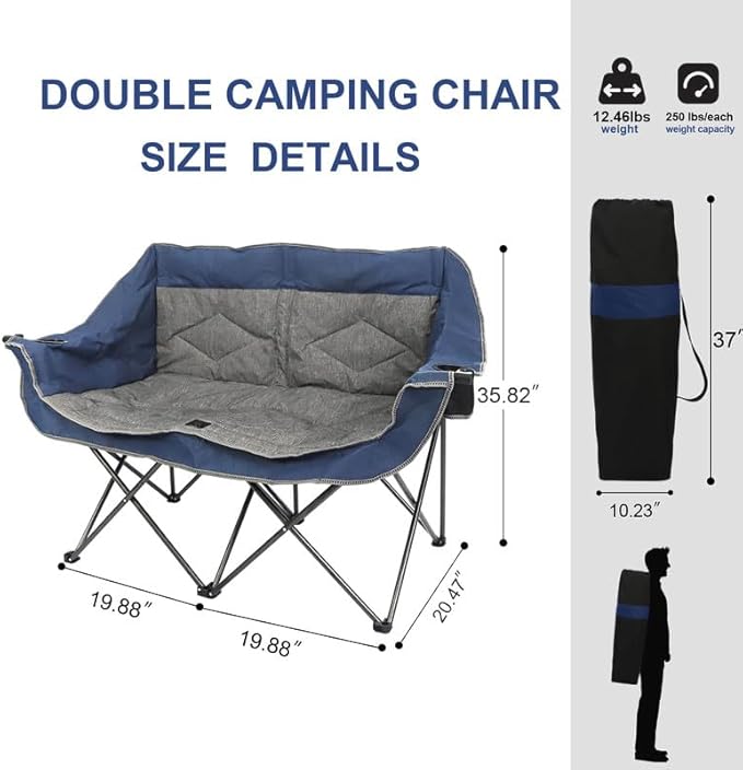 Folding Loveseat Camping Chair,Portable Double Chair w/Cup Holder,Wine Glass Holder,Carry Bag Heavy Duty Lawn Chair for 2 Adults,Perfect for Camp,Hiking,Picnics and Beach Trips,Blue