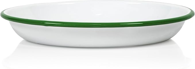 Red Co. Set of 4 Enamelware Metal 10” Round Camping Plates, Solid White/Dark Green Rim