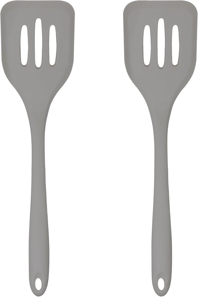 Silicone Slotted Turner Set – 2-Piece Set of Turner Spatulas for Eggs and Pancakes – Kitchen Tools and Accessories with Comfortable Handles, Heat-Resistant Utensils for Cooking & Baking – Grey