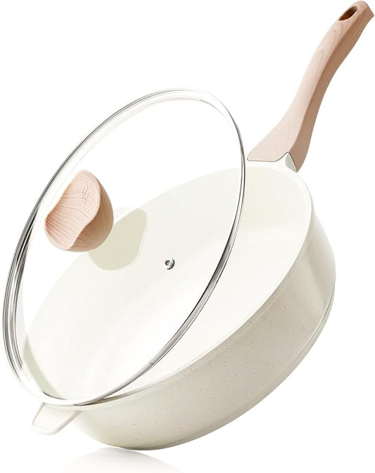 Nonstick Ceramic Deep Frying Pan, 11 Inch Non Toxic Skillet with Lid, Healthy Jumbo Cooker, Saute Pan for Cooking, Induction Cookware, PFOA & PFAS Free (Cream)