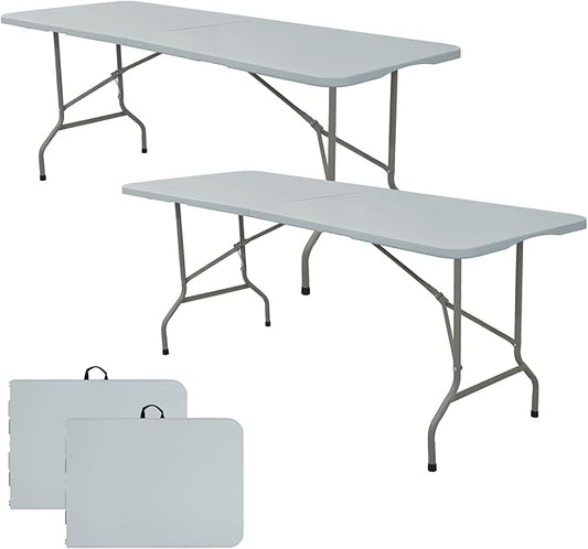 Set of 2 Folding Table 6 FT Lightweight Camping Table Portable Plastic Rectangular Outdoor Dining Table Steel Legs Fold-in-Half with Carrying Handle for Indoor,Picnic,Party,Wedding,Events(Grey)