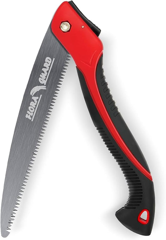FLORA GUARD 10-Inch Folding Saw, Heavy Duty Hand Saw with Multi-Level Razer Teeth for Wood Cutting, Tree Trimming Camping Gardening Tools (Red-10")