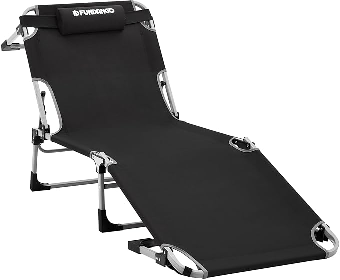 FUNDANGO Oversize Lounge Chair Outdoor, 300 lbs Large Camping Cots for Adults Heavy Duty Extra Wide Sturdy with Pillow for Outside Patio Beach Pool