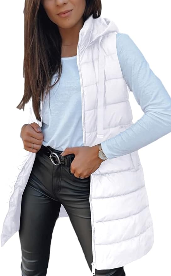 Veatzaer Women Long Vest Solid Color Sleeveless Hood Winter Puffer Vest Outwear