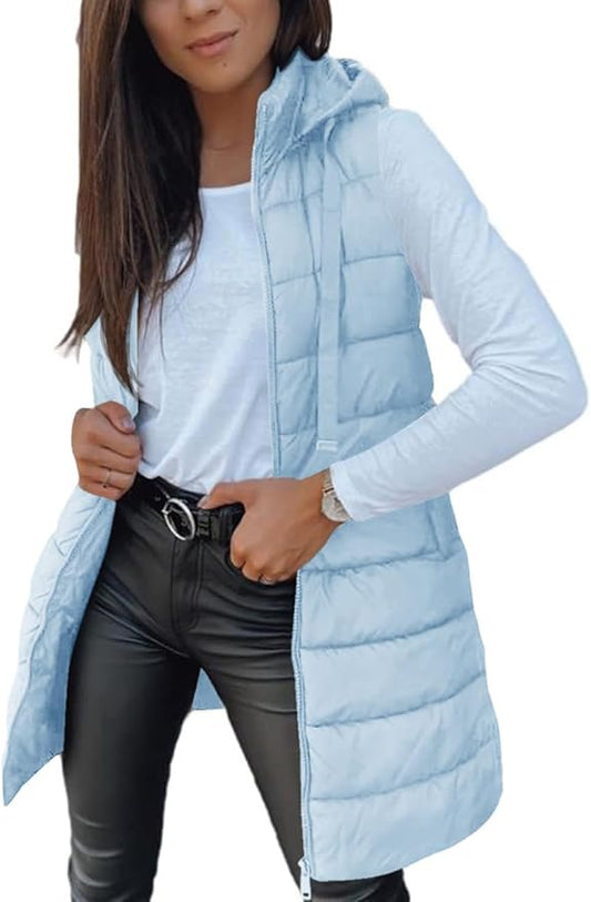 Veatzaer Women Long Vest Solid Color Sleeveless Hood Winter Puffer Vest Outwear