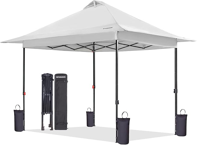 FUNDANGO 10x10 Pop Up Canopy, Beach Tent with Patent Quick Open Frame, Silver Coated Top& Wheeled Carry Bag, Easy Outdoor Sun Shade for Events, Parties, Camping（White