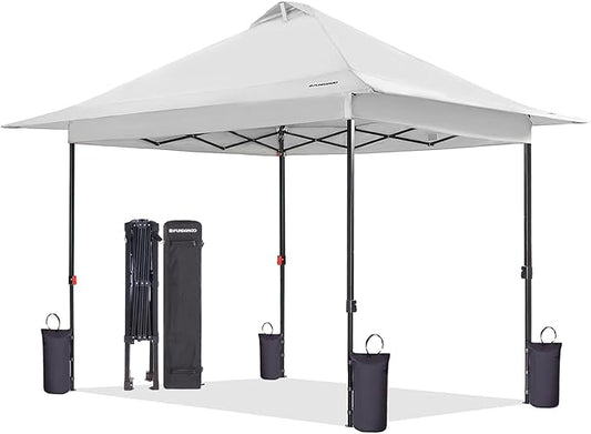 FUNDANGO 10x10 Pop Up Canopy, Beach Tent with Patent Quick Open Frame, Silver Coated Top& Wheeled Carry Bag, Easy Outdoor Sun Shade for Events, Parties, Camping（White