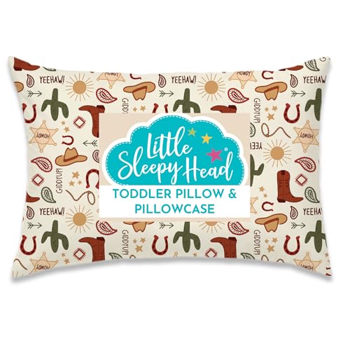 Little Sleepy Head Toddler Pillow with Pillowcase 13x18 - Kids Pillow for Sleeping - Better Neck Support Ergonomic Pillow and Toddler Pillowcase - Best Pillows for Kid (Giddyup)