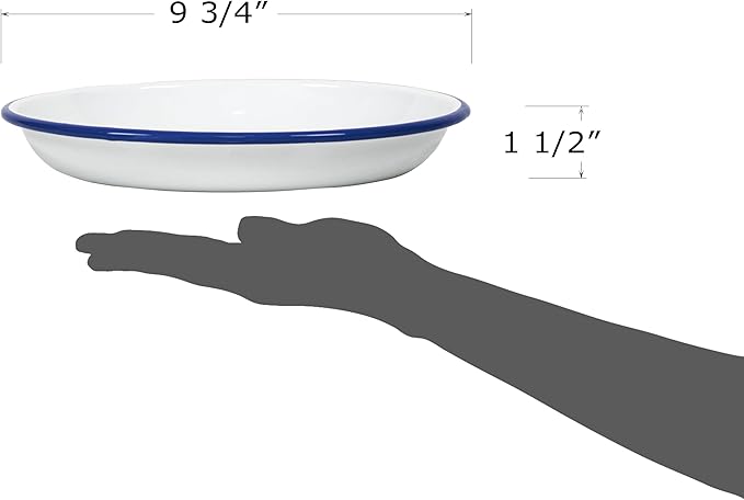 Red Co. Set of 4 Enamelware Metal 10” Round Camping Plates, Solid White/Navy Blue Rim