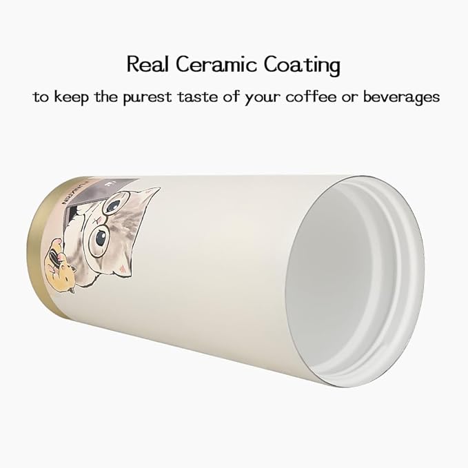 Funkrin Coffee Travel Mug with Straw & Flip Lid, 16oz Insulated Tumbler Cup with Ceramic Coating, Double Wall Vacuum Leak-Proof Mug for Office School Party Camping