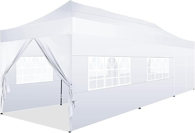 COBIZI 10x30 Pop Up Canopy with 8 Sidewall,Heavy Duty Canopy UPF 50+ All Season Wind Waterproof Commercial Outdoor Wedding Party Tents for Parties Canopy Gazebo with Roller Bag(10 x 30 ft White)