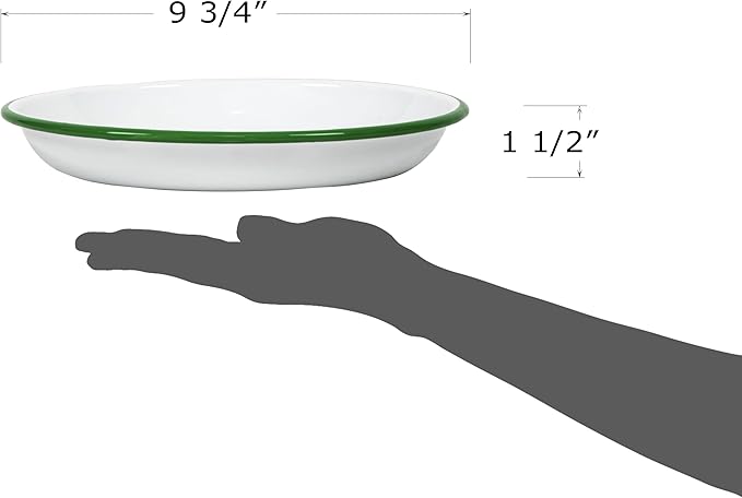 Red Co. Set of 4 Enamelware Metal 10” Round Camping Plates, Solid White/Dark Green Rim