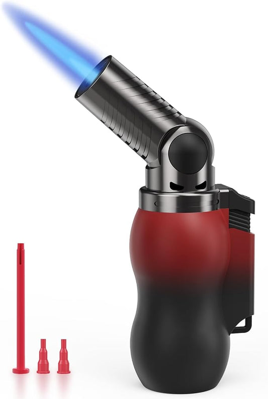 TBTeek Torch Lighter, Portable Kitchen Torch with 45° Rotatable Head and Adjustable Flame, Refillable Butane Torch Lighter for Soldering, Cooking, BBQ, Fireplaces, Red-Black (Gas Not Included)