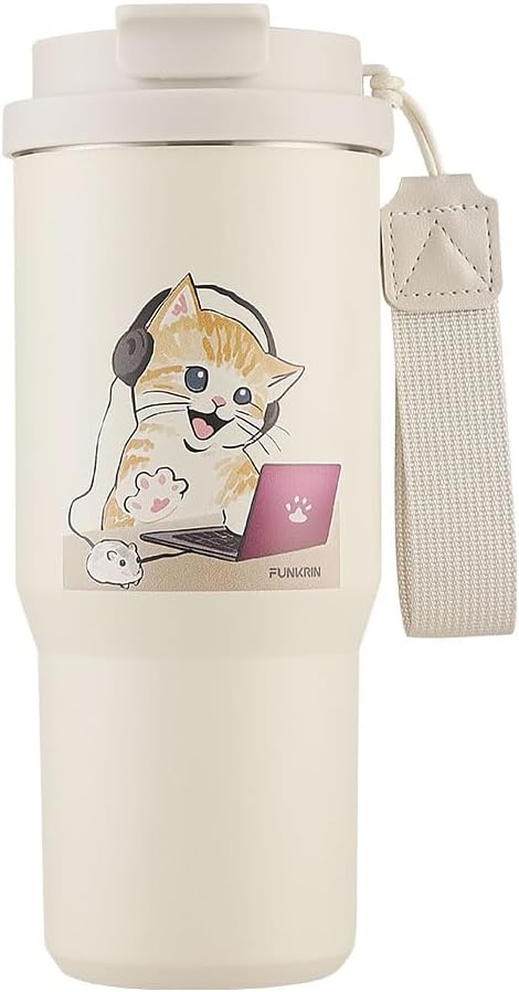 Funkrin Insulated Coffee Mug with Straw & Flip Lid, 24oz Tumbler Cup with Ceramic Coating, Double Wall Vacuum Leak-Proof Travel Mug wiht tea infuser for Office School Party Camping