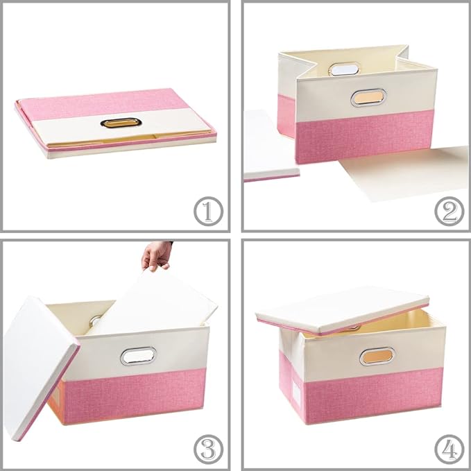 PRANDOM Collapsible Storage Bin with Lid [3-Pack] Fabric Foldable Storage Box Organizer Container Basket Cube with Cover for Home Bedroom Closet Office Nursery Pink&Cream(14.9x9.8x9.8)
