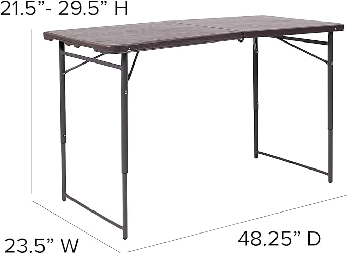 Flash Furniture Mills 4-Foot Height Adjustable Bi-Fold Brown Wood Grain Plastic Folding Table with Carrying Handle