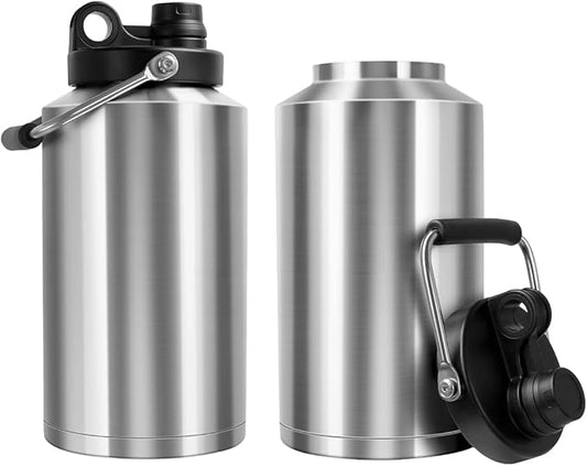 Insulated Water Bottle, 2 Pack, 1 Gallon Jug with Handle, 128 oz Stainless Steel Large Water Bottle Wide Mouth Double Vacuum for Hot & Cold Drinks, Stainless Steel