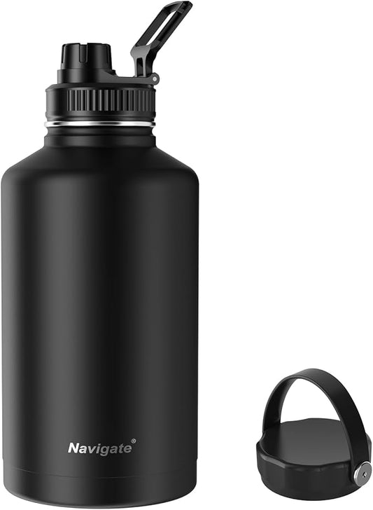 Navigate 64 oz Stainless Steel Insulated Water Bottle,Double Walled Leak Proof Keep Cold for 24 Hrs Hot for 12 Hrs,Wide Mouth Water Jug with Spout & Handle Lids,Black