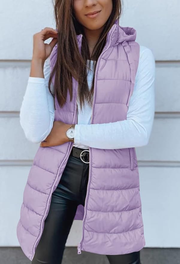 Veatzaer Women Long Vest Solid Color Sleeveless Hood Winter Puffer Vest Outwear