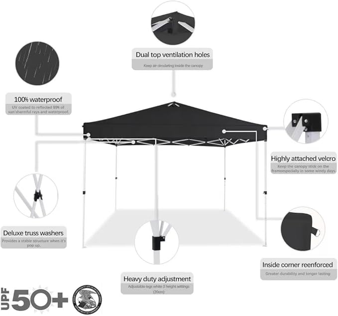 10x10 Pop Up Canopy,Event Tent – One-Person Setup, Waterproof & UV-Blocking, Heavy-Duty Steel Frame, Wheeled Bag & Sandbags – Outdoor Shade for Beach, Camping, Backyard, Tailgate (Black)