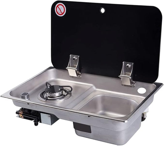 Gas Camping Stove,2 Burners Boat Caravan RV Camper with Tempered Glass Panel, Boat Caravan Camper Burner Gas Stove Hob and Sink Combo