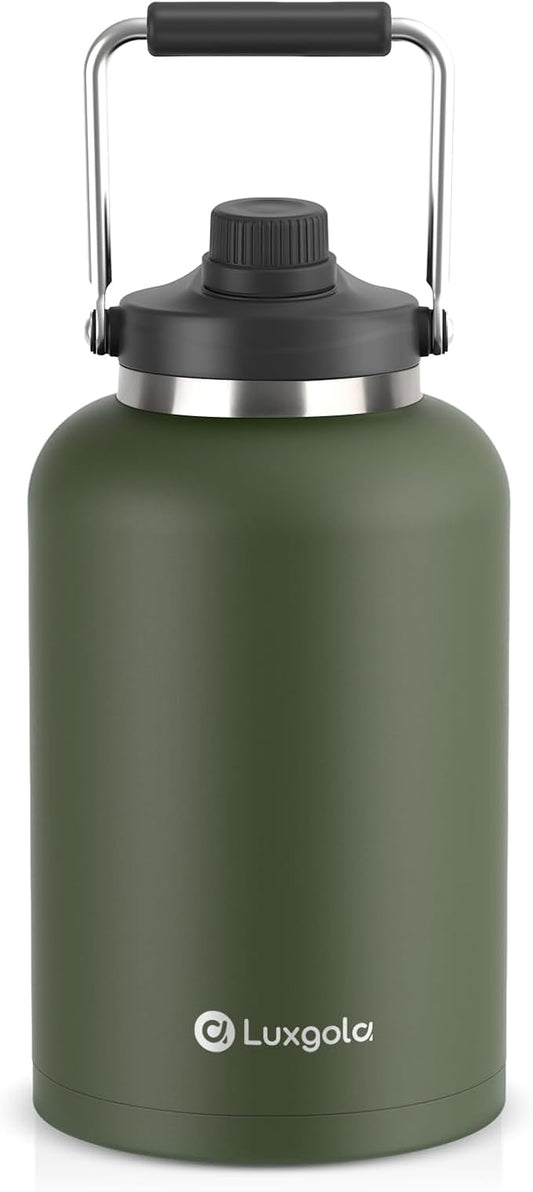 128 oz Insulated Water Bottle with Spout Lid and Handle, One Gallon Stainless Steel Double Vacuum Water Jug for Hot & Cold Drinks - Sweat Proof, Great for Travel, Hiking, Camping - Olive Green