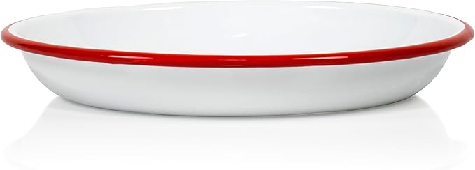 Red Co. Set of 4 Enamelware Metal 10” Round Camping Plates, Solid White/Red Rim