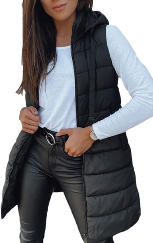 Veatzaer Women Long Vest Solid Color Sleeveless Hood Winter Puffer Vest Outwear