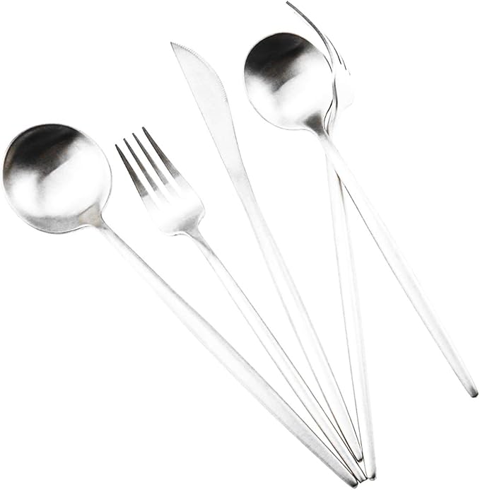 Gugrida Silver Flatware, Royal 20 Piece Luxury Matte Finish 18/10 Stainless Steel Tableware Sets for 4 Including Forks Spoons Knives, Camping Silverware Travel Utensils Set Cutlery (Silver)