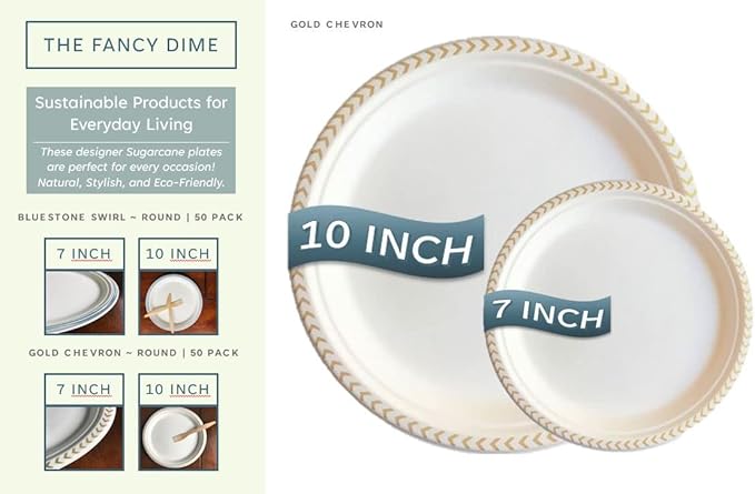 Disposable Plate: Heavy Duty Elegant Eco Friendly Compostable Paper Plates (50 Count), Tree Free Sugarcane Bagasse Plate with Color Party Plate (7 inch Gold Dessert/Appetizer Plate)