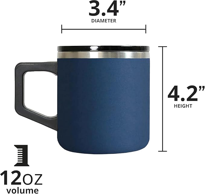 Elemental Insulated Coffee Mug - Triple-Wall Stainless Steel Summit Travel Cup for Hot and Cold Drinks - Thermal Coffee Mug with Lid and Handle for Camping, Office & Travel 12oz - Navy Blue