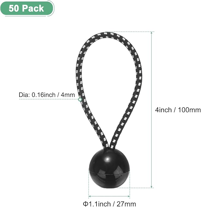 50-Pack Ball Bungee Cords, 4 Inch High Elastic Canopy Tarp Tie Down Bungee Balls for Camping/Tent/Cargo Holding Wire Hoses/Patio Umbrellas/Shelter [Black White]