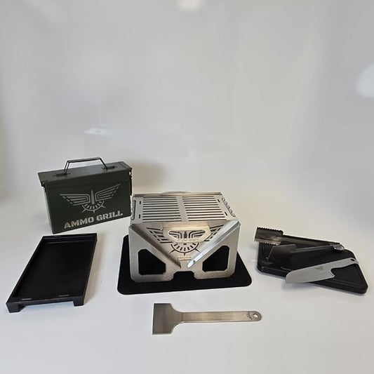 Ammo Can Grill – Field Cook Set | Portable Charcoal Grill Kit with 1" Cast Iron Pan, Cutting Board, Knife & Tongs | Fits in Ammo Can | Great for Camping, Tailgating, Outdoors