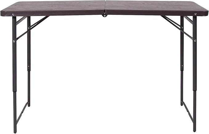 Flash Furniture Mills 4-Foot Height Adjustable Bi-Fold Brown Wood Grain Plastic Folding Table with Carrying Handle