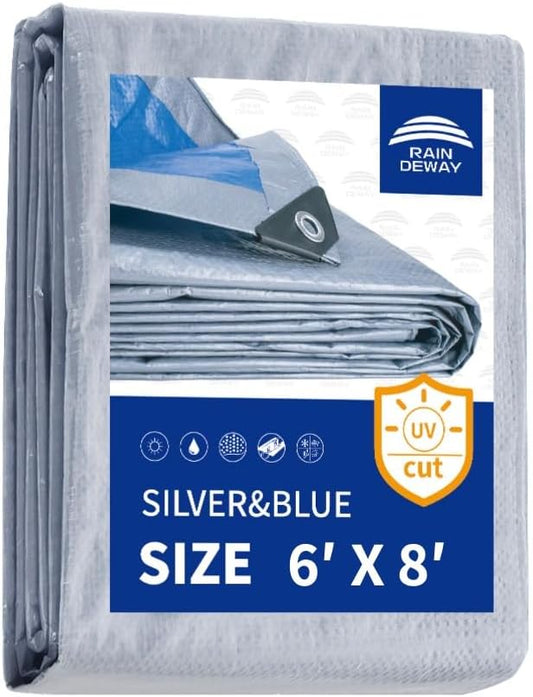RAINDEWAY Tarps 6x8 Feet - 5.5 Mil, Multipurpose Waterproof Poly Tarp Cover with Metal Grommets and Reinforced Edges, Silver/Blue Tarp