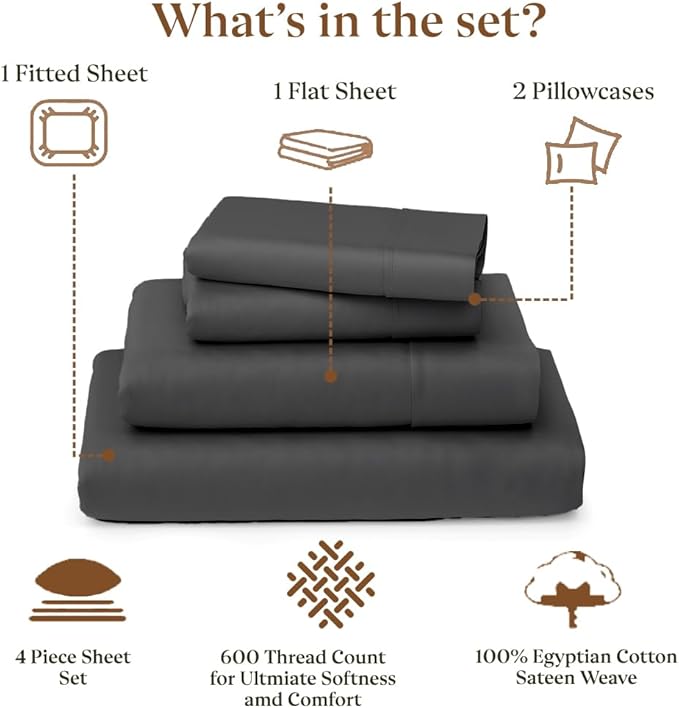RV Short King Sheet Set 72 x 75 - 100% Egyptian Cotton, 600 Thread Count - 4 Piece Sateen Weave Camper Bedding - Deep Pocket RV Sheets Fits Up to 16" Mattress - Soft & Breathable - Dark Grey