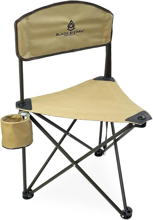 Black Sierra XL Tripod Hunting Stool w/Backrest, Lightweight Portable Fishing Chair w/Cupholder and Carry Strap, Supports 225 Lbs, Portable Outdoor Chair for Hunting, Camping, Travel, Hiking